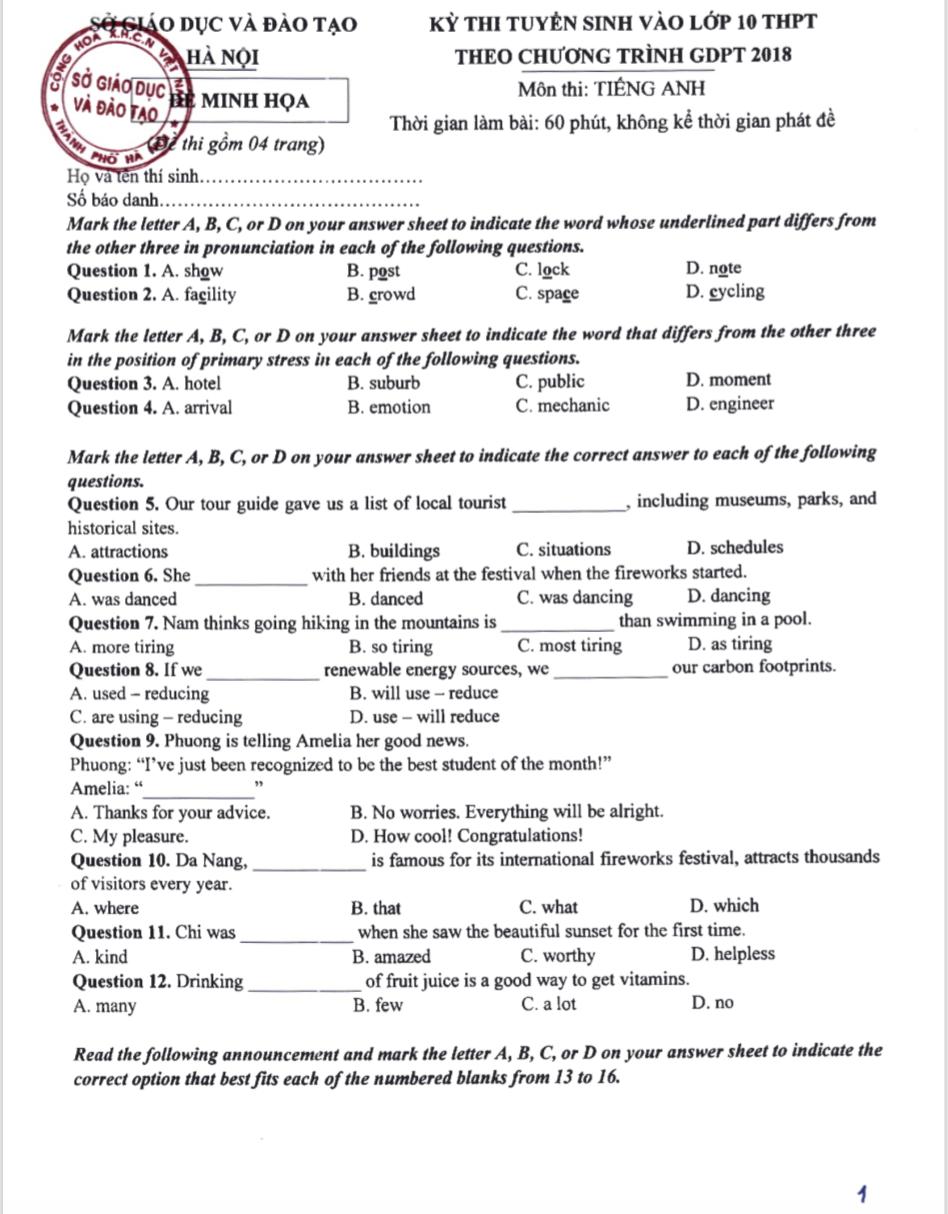 Gợi ý đáp án môn tiếng Anh đề minh họa thi vào 10 của Hà Nội năm 2025