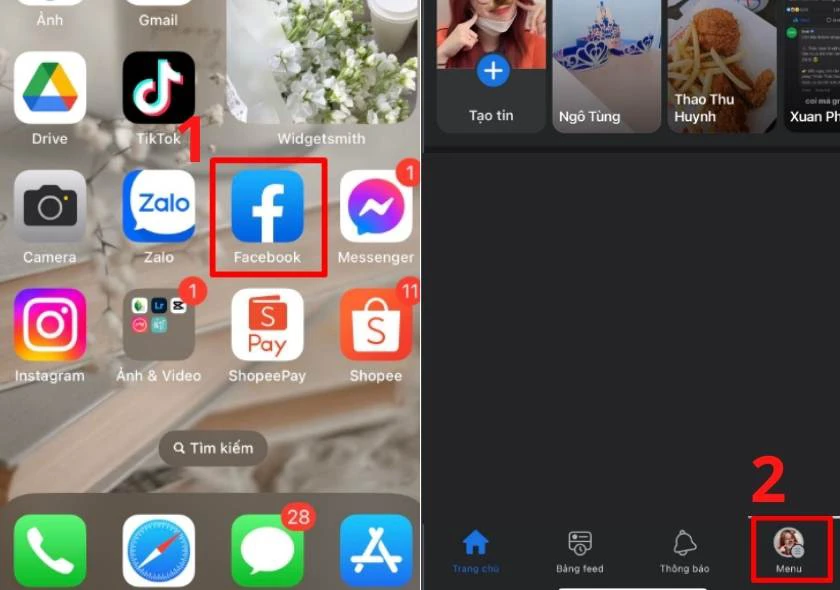 Chọn vào tab Menu trên Facebook