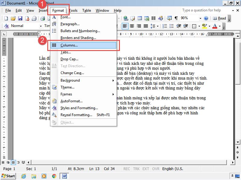 Cách chia văn bản thành nhiều cột trong MS Word 2003