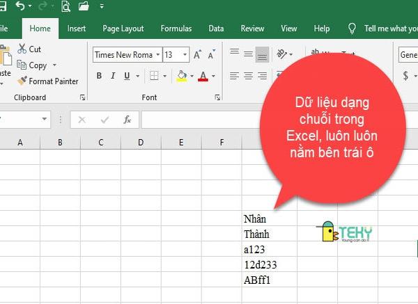 Các kiểu dữ liệu trong excel