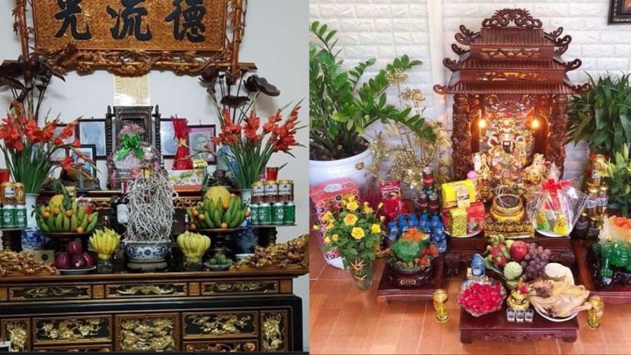 Ban thờ gia tiên ở sát mặt đất nên có thể đặt chậu hoa cây cảnh